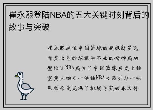 崔永熙登陆NBA的五大关键时刻背后的故事与突破